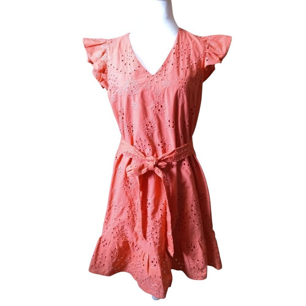 Isabel & Nina Size 8 Coral Eyelet Ruffle V-Neck Dress With Belt Romantic Girly